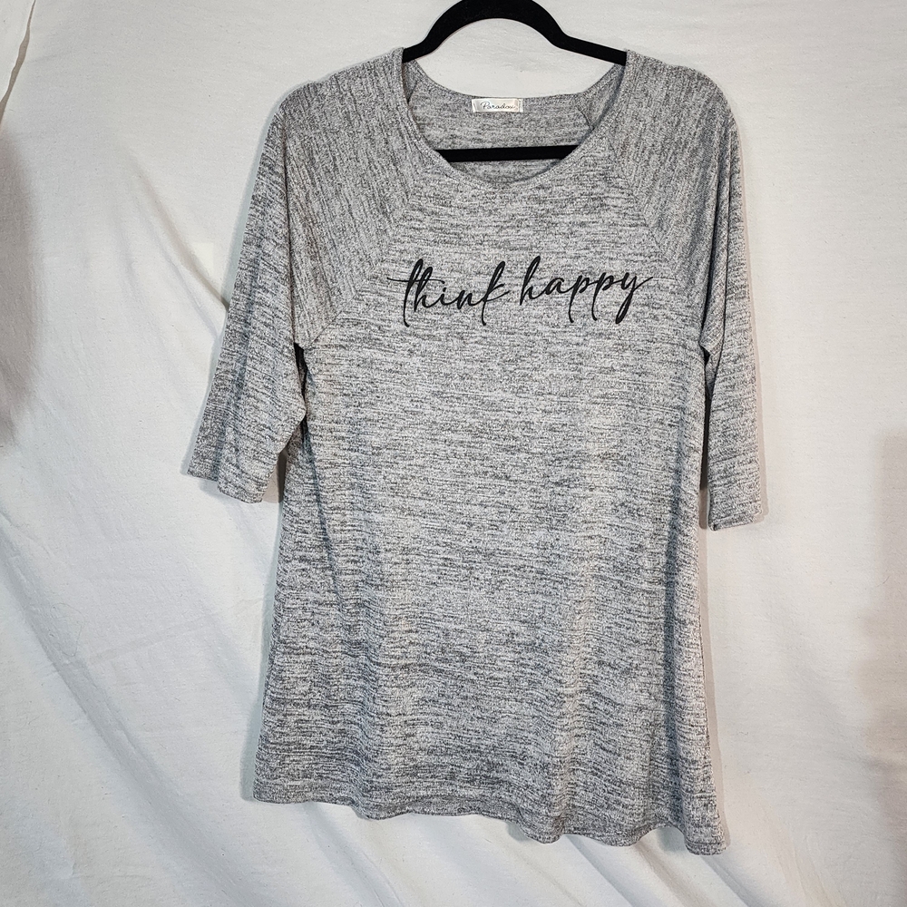 Paradox Gray 3/4 Sleeve Tee with 'Think Happy' Print